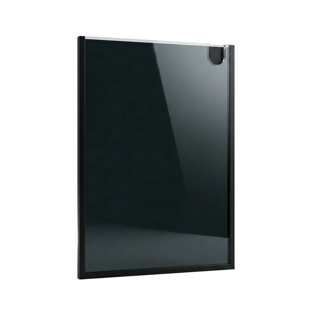 A black rectangular glass panel or screen protector with a glossy finish and a small circular cutout near the top right, shown on a light gray background.