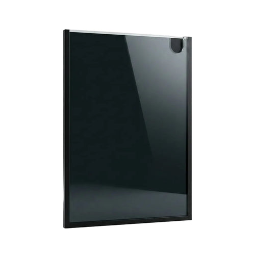 A black rectangular glass panel or screen protector with a glossy finish and a small circular cutout near the top right, shown on a light gray background.