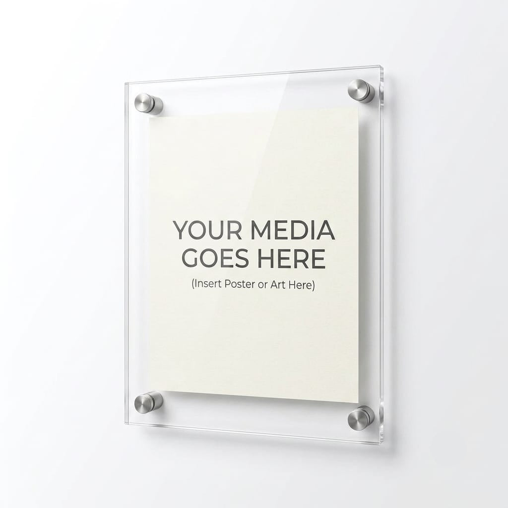 Clear acrylic wall-mounted sign holder with four silver corner brackets, displaying a cream poster insert with the text 'YOUR MEDIA GOES HERE (Insert Poster or Art Here)' on a white background.