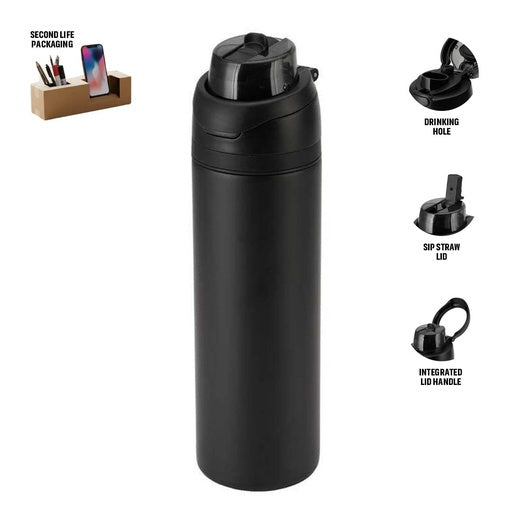 AERO SIP - Hans Larsen Recycled Stainless Steel Bottle with Dual Sip Lid-Black-