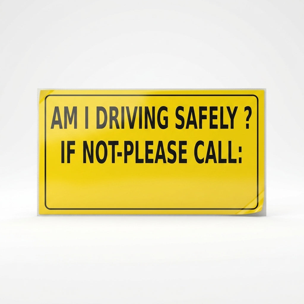 A bright yellow rectangular warning sign with black text that reads, 'AM I DRIVING SAFELY? IF NOT-PLEASE CALL:' inside a thin black border.