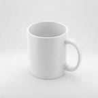A plain white ceramic mug with a C-shaped handle, shown on a seamless light gray background.
