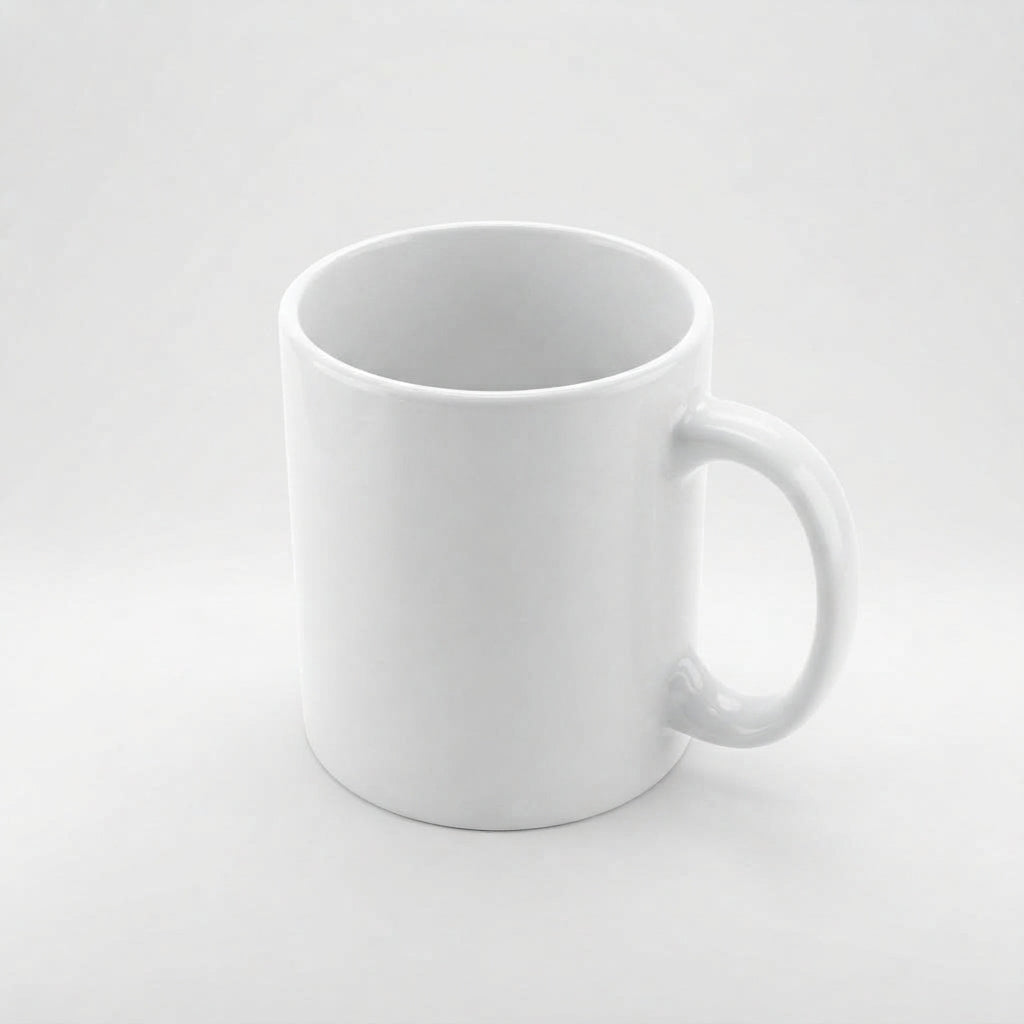 A plain white ceramic mug with a C-shaped handle, shown on a seamless light gray background.