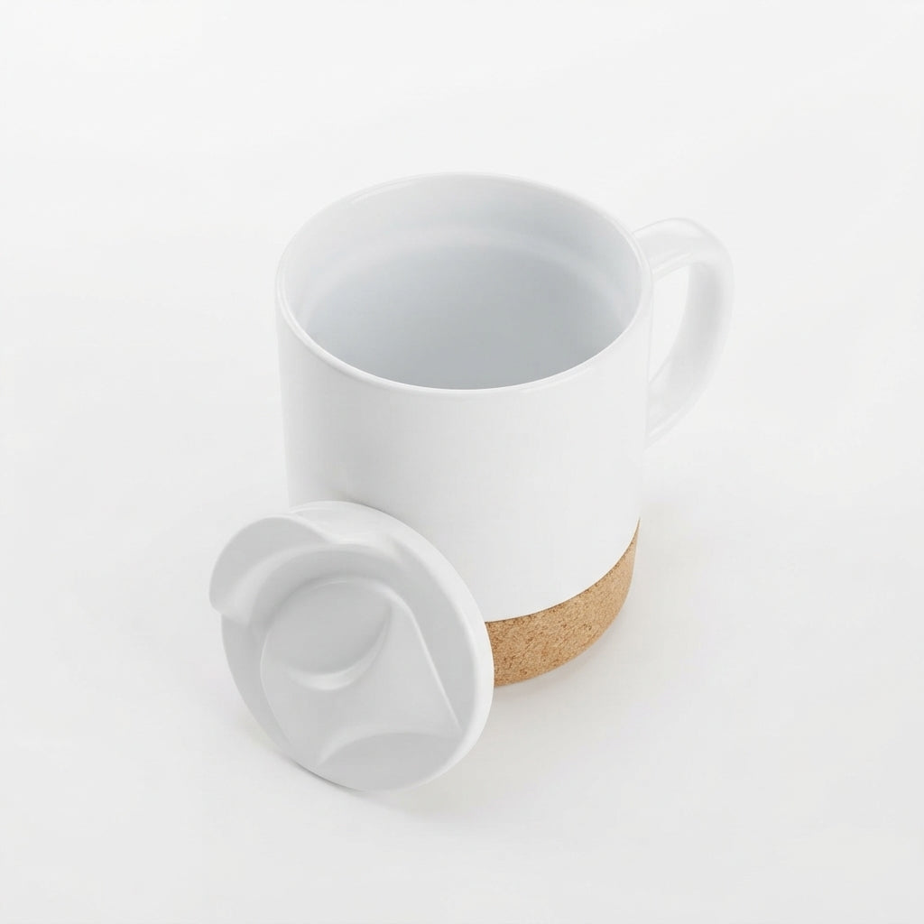 A white ceramic mug with a cork base and a separate white lid, photographed on a clean white background.