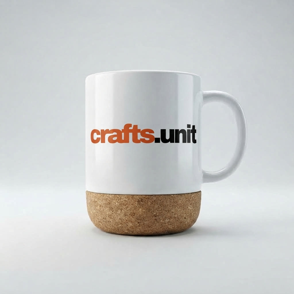 A white ceramic coffee mug with a cork base and the 'crafts.unit' logo printed on the side, set against a clean light gray background.