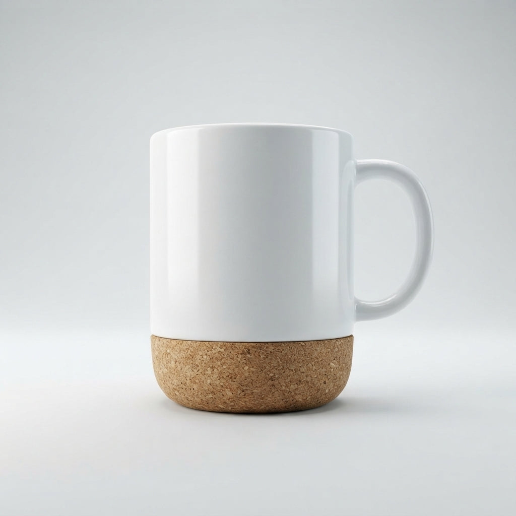 A white ceramic coffee mug with a natural cork base, shown on a clean light gray studio background.