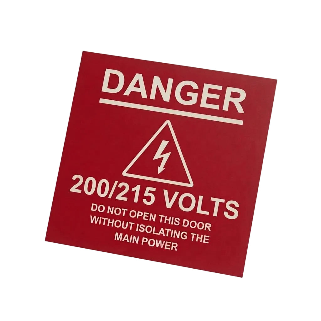 A square red safety warning sign with white text reading 'DANGER' and '200/215 VOLTS' plus a lightning-bolt hazard symbol, shown at an angle on a light gray background.