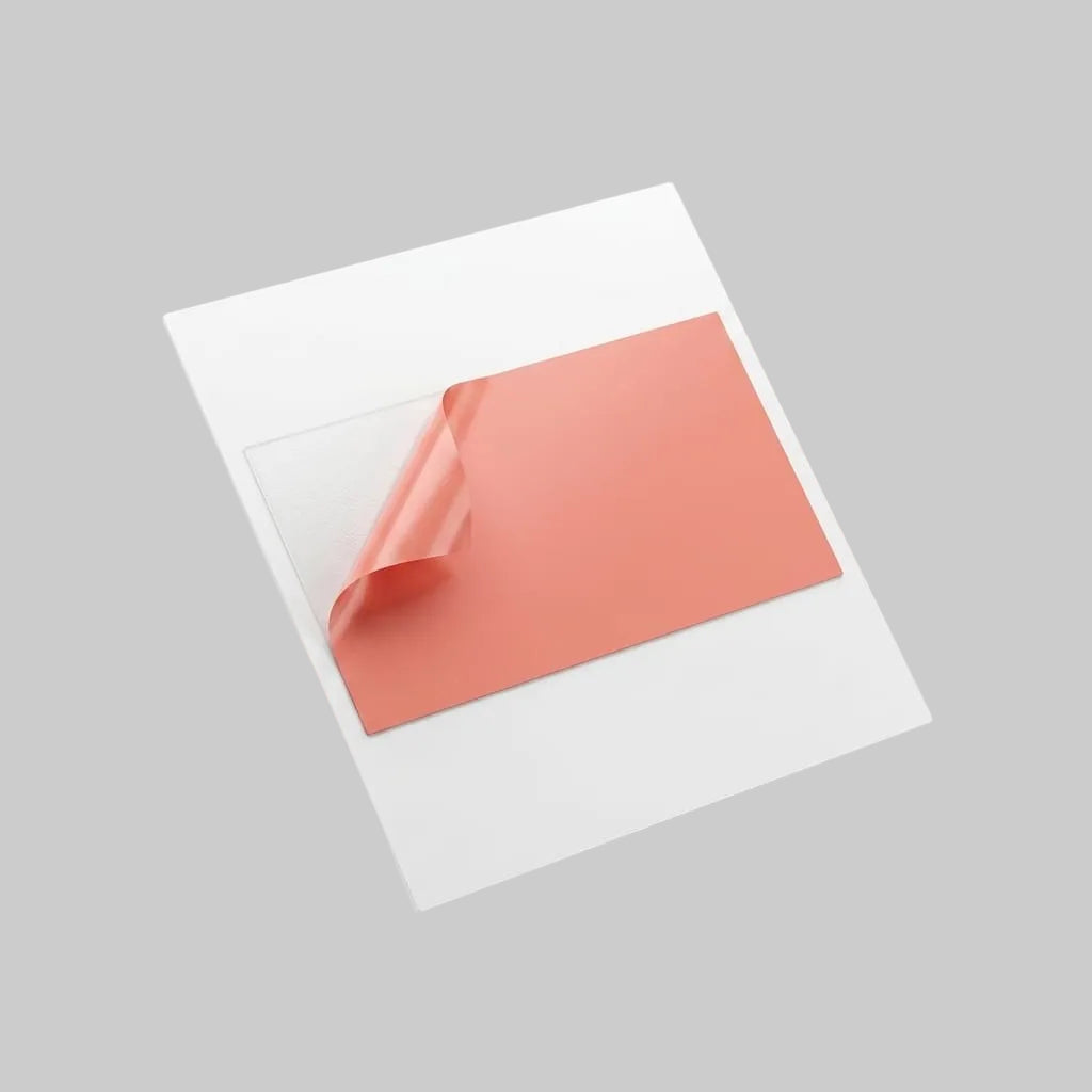 A square white card or sheet with a large coral-pink rectangular area partially peeled off, shown floating against a light gray studio background.