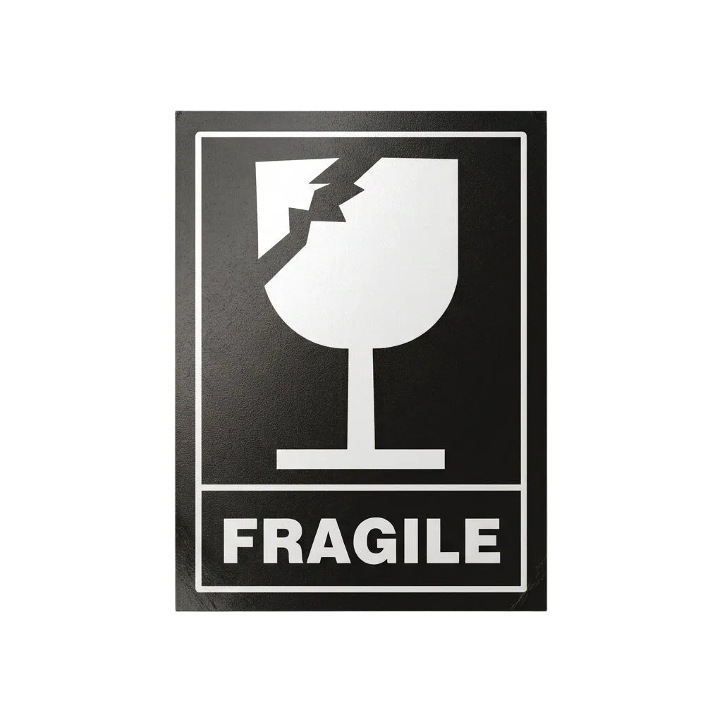 A rectangular black and white FRAGILE warning sign featuring a broken wine glass icon and the word 'FRAGILE' in bold white letters on a black background, centered on a light gray studio background.