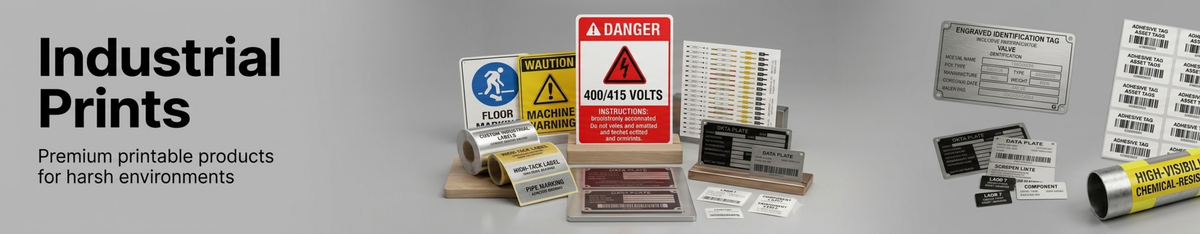 A product display for industrial safety prints and signs, featuring warning labels, a red 'DANGER 400/415 VOLTS' sign, a blue floor maximum sign, and various printed cards and decals on a gray background with 'Industrial Prints' text on the left.