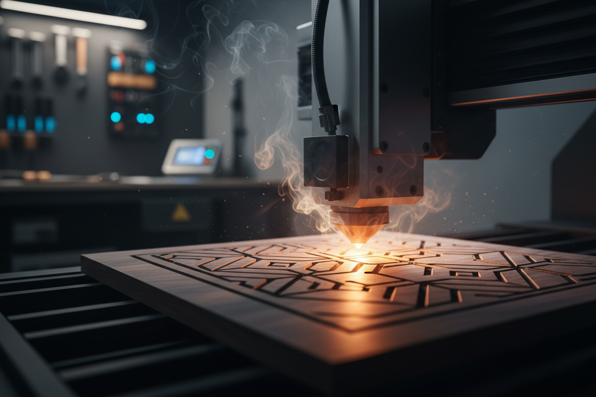A close-up of a CNC laser engraver cutting a geometric patterned wood panel, with glowing orange sparks and smoke in a dark industrial workshop setting.