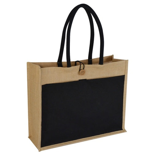 MONCLOVA - Jute Bag with Canvas Pocket - Natural-Blue-