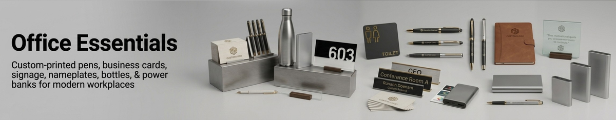 Office Essentials set featuring custom-printed pens, business cards, signage, nameplates, a metallic bottle, and power banks arranged on a light gray background with descriptive text on the left.