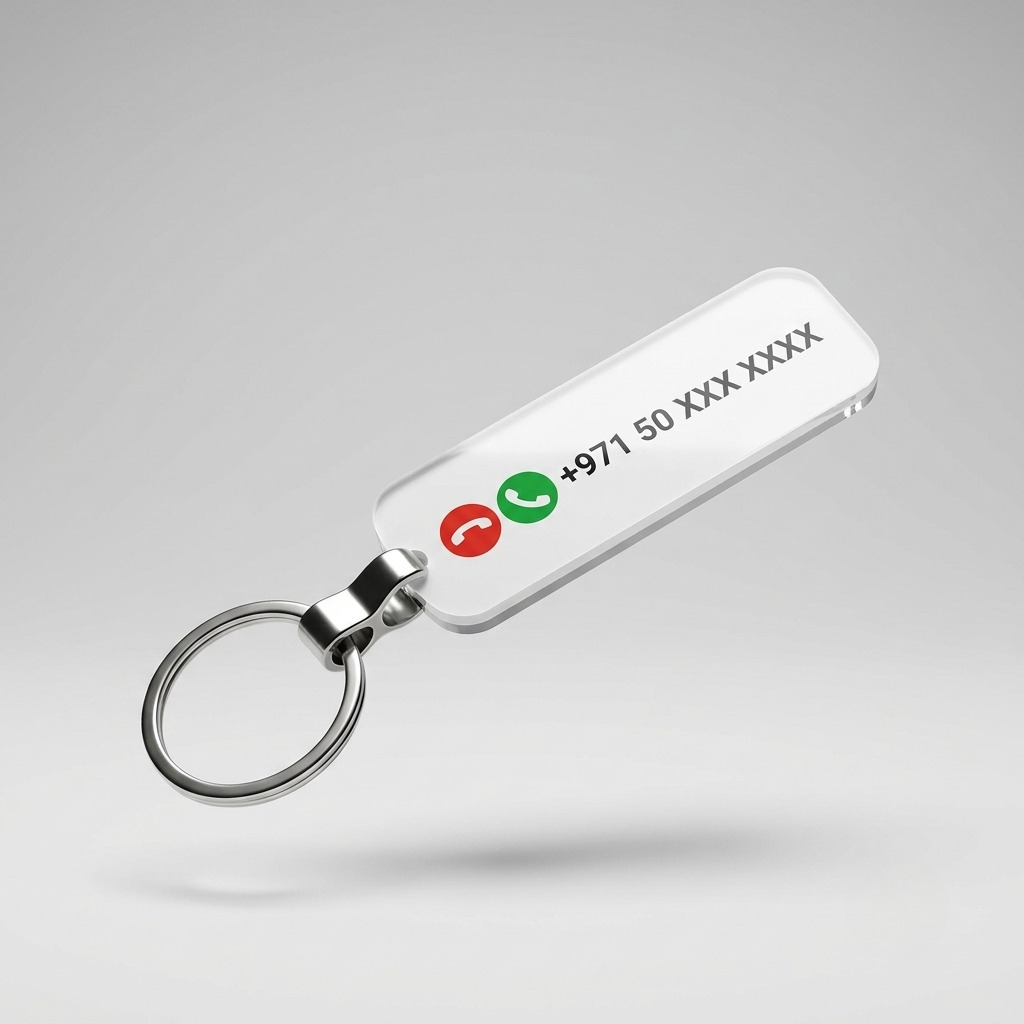 A white rectangular keychain fob with rounded corners, attached to a silver metal split ring. The fob has a glossy finish and is printed with a black phone number and red and green call icons.