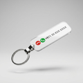 A white rectangular keychain fob with rounded corners, attached to a silver metal split ring. The fob has a glossy finish and is printed with a black phone number and red and green call icons.