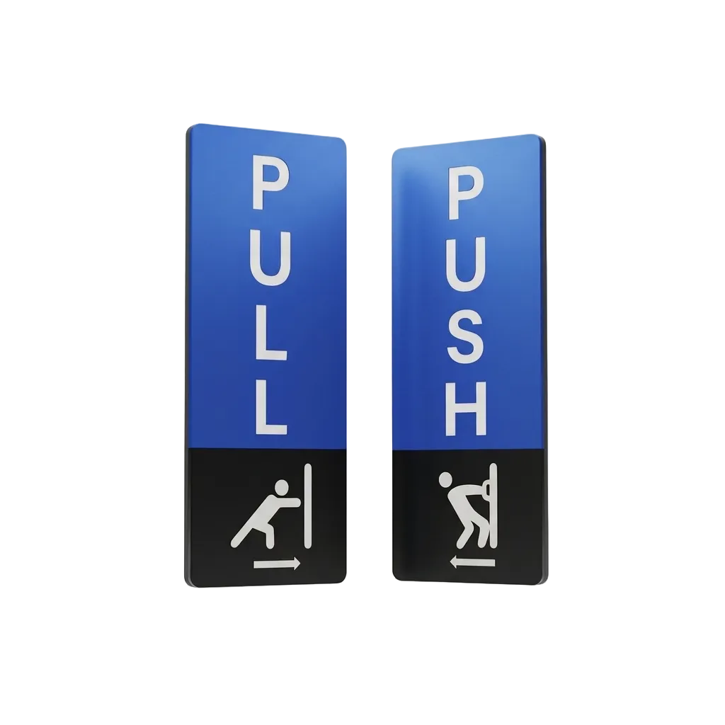 Two vertical blue and black directional signs on a light gray background, one reading PULL with a pushing-away icon and the other reading PUSH with a pulling-away icon.