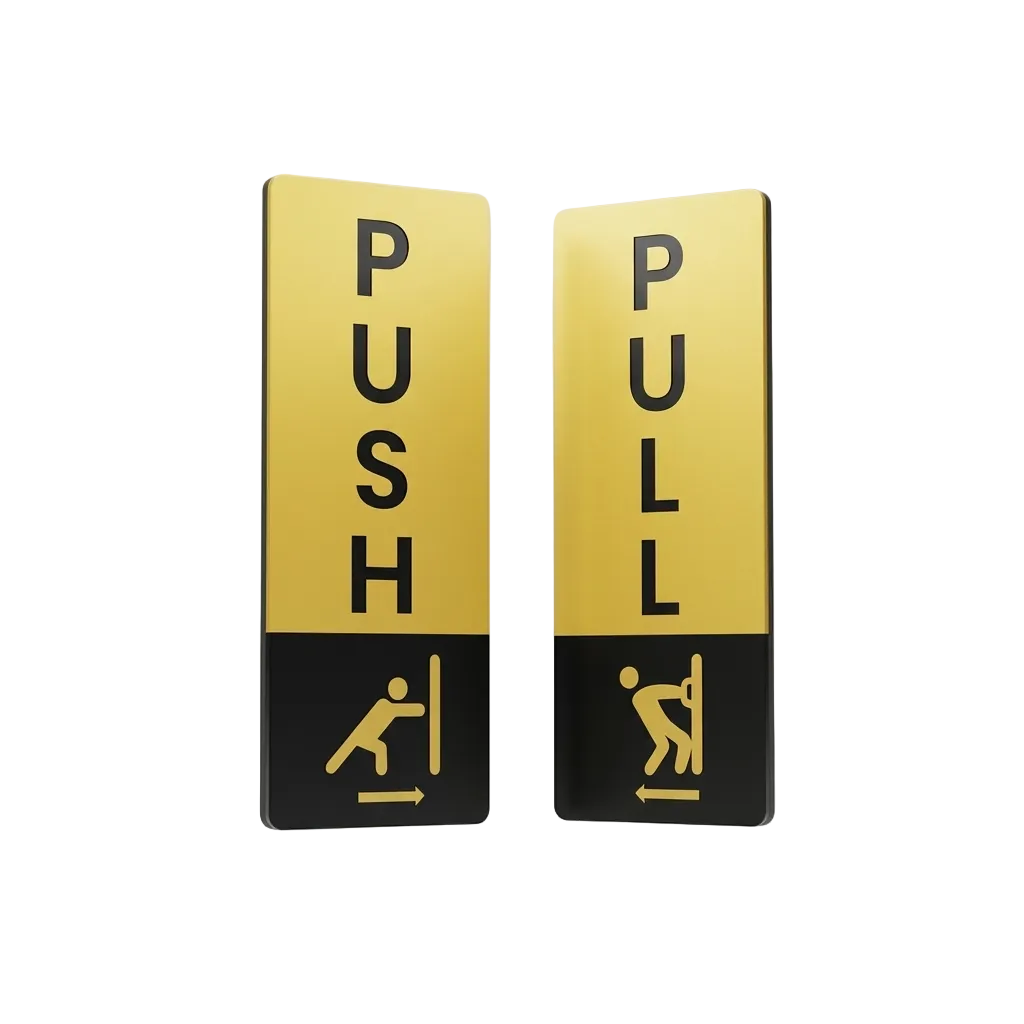 Two vertical emergency exit signage panels on a light gray background. The left panel is yellow with the word 'PUSH' in black and a black icon at the bottom indicating pushing a door.