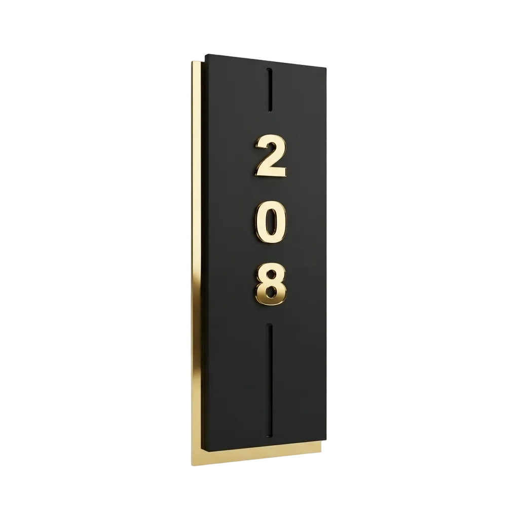 A modern vertical black wall clock with gold trim and gold numerals displaying the year 208, shown on a neutral light gray background.